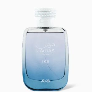 Botella de Hawas Ice for Him Rasasi - Perfume ultra fresco para hombres con manzana, cardamomo y ámbar