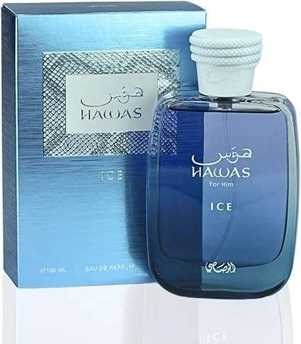 Caja de Hawas Ice for Him Rasasi - Perfume masculino con notas de anís estrellado, ciruela y madera flotante