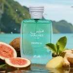 Perfume Rasasi Hawas Tropical en ambiente playero - Fragancia veraniega con coco y higo - Ideal para climas cálidos